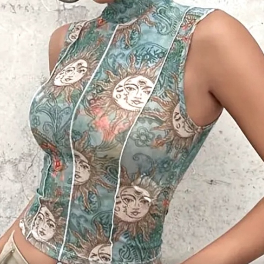 NWOT Celestial Dreams Y2K Mock Neck Tank: All-Season Sun, Semi-Sheer, Stretchy